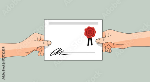 Hands Exchanging a Signed and Sealed Document Certificate or Agreement.