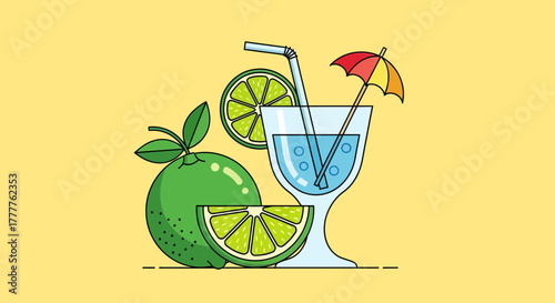 Refreshing Citrus Beverage With Cocktail Umbrella And Juicy Lime Illustration