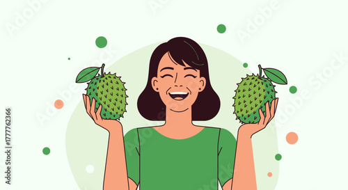 Positive Woman Holding Two Soursop Fruits, Smiling and Relishing Healthy Eating