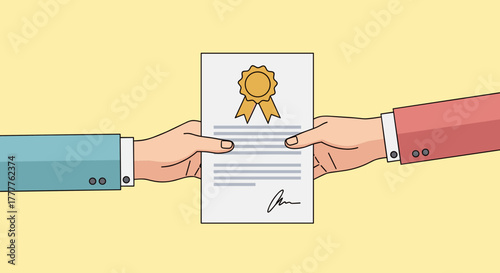 Hands exchanging certificate document representing agreement and achievement.