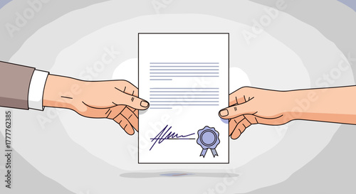 Two hands exchanging a signed document with a seal.