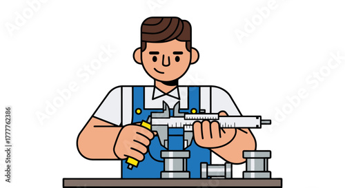 Precision Measurement Technician Employing Calipers in Digital Schematic Illustration