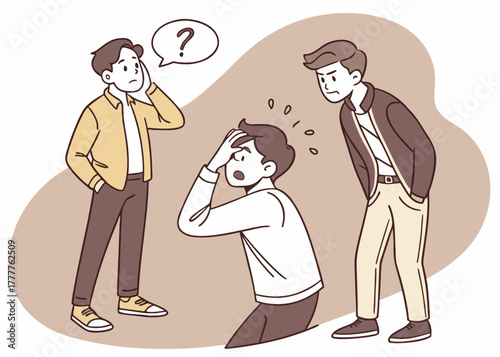 Stressed team facing project challenges, one in despair, others confused and unsure, depicting workplace stress and problem solving in business settings