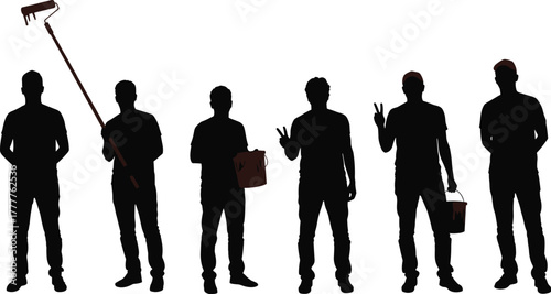 Silhouette workers, painting team, peace gesture, renovation tools, teamwork concept, bucket, roller, casual pose, unity, construction, white background