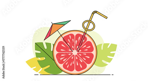 Refreshing Grapefruit Cocktail Illustration with Tropical Leaves and a Colorful Umbrella