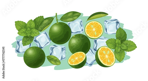 Refreshing Green Citrus Fruits with Mint and Ice Cubes: A Cool, Summer Composition
