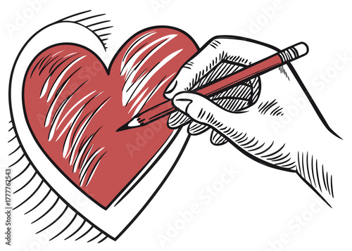 Artistic hand sketching a vibrant red heart with pencil, expressing love, care, passion, and creative expression for Valentine's Day or romantic concepts