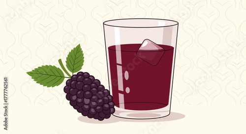 Refreshing Illustration of Blackberry Juice in a Glass with Ice and Fresh Fruit