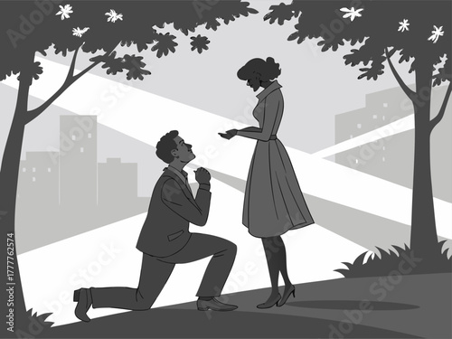 Romantic proposal under a tree with a cityscape, a man on bended knee offers a ring to a woman, love and commitment