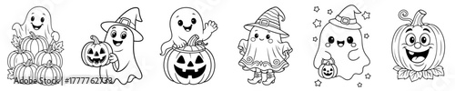 Cute Halloween ghosts and pumpkin characters — friendly spirits playing with jack-o’-lanterns, wearing witch hats and surrounded by stars