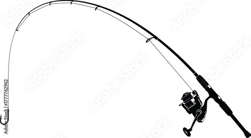 Bent fishing rod with reel and hook isolated on white background