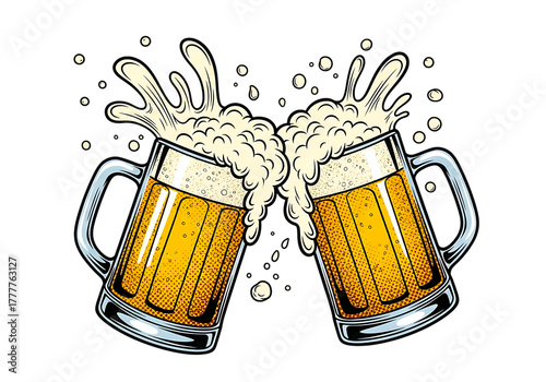 Two beer mugs clinking together with frothy beer isolated on transparent background