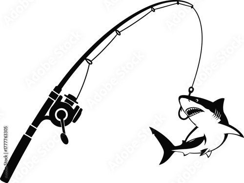 Fishing rod with a shark caught on the hook isolated on white background