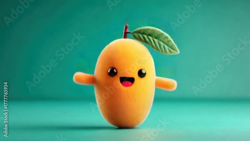 A smiling, cartoonish mango character with arms, a leaf, and a green-blue background