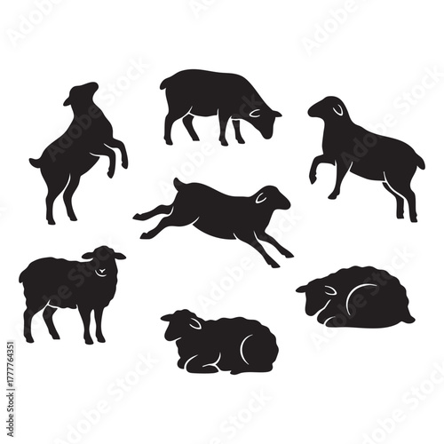 Set of Sheep Silhouettes Running and Grazing Vector Illustration