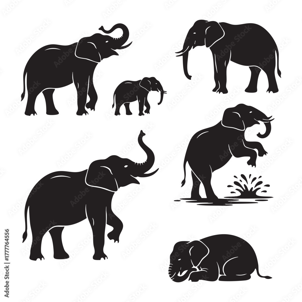 Naklejka premium Set of Elephant Silhouettes Rearing and Walking Vector Illustration