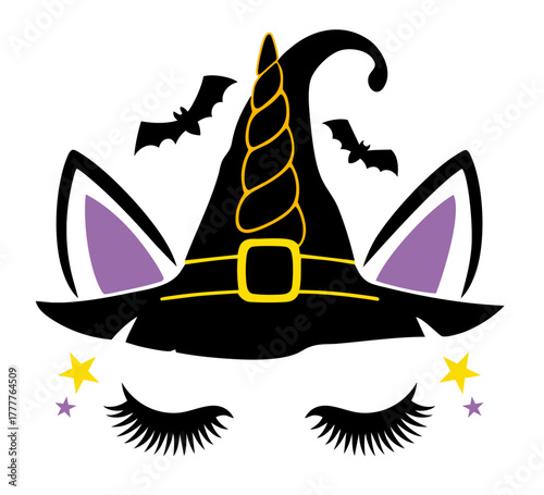 Halloween unicorn with witch hat, bats and yellow stars