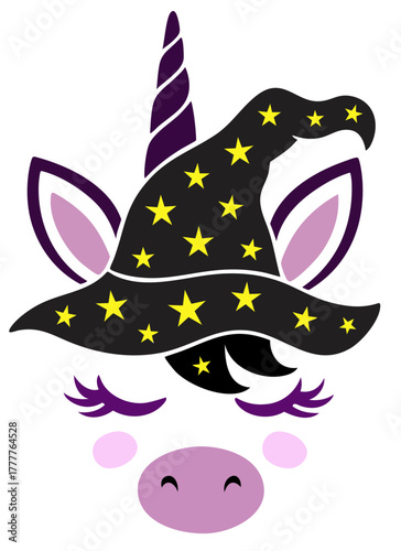 Halloween unicorn with witch hat and magic stars