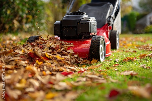 A close-up, low-angle shot of a red lawn mower mulching a vibrant pile of autumn leaves on green grass.