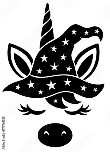 Halloween unicorn with starry witch hat and closed eyes