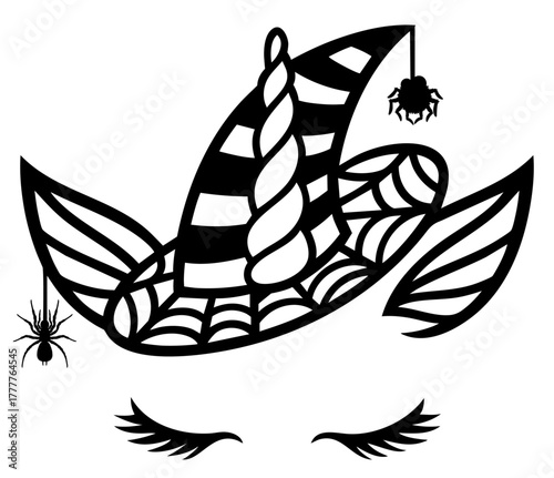 Halloween unicorn with witch hat, web patterns and spiders
