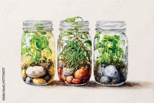 Three watercolor painted mason jars showcasing vibrant green plants and natural rocks, creating a serene botanical still life.
