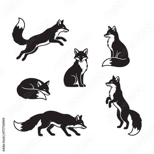 Set of Fox Silhouettes Running and Sitting Vector Illustration