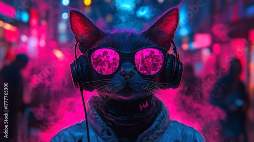 cyberpunk cat with sunglasses and headphones in neon-lit cityscape
