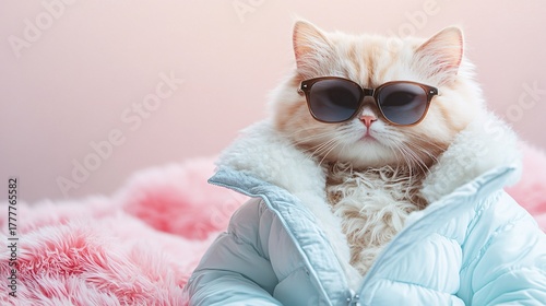 stylish cat wearing sunglasses and warm coat in cozy indoor setting