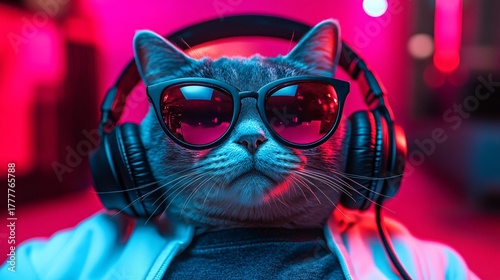cool cat wearing sunglasses and headphones in neon pink light setting