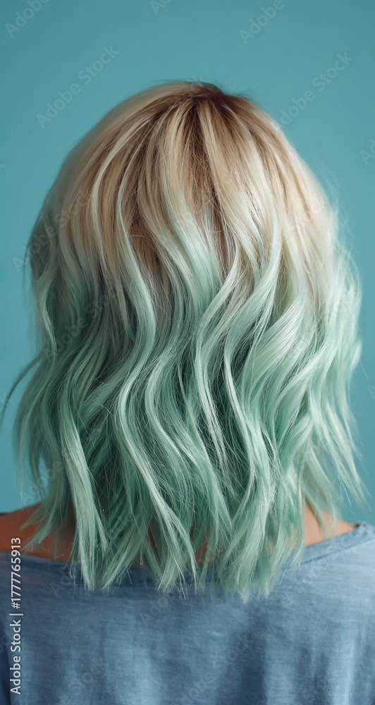 Naklejka premium Woman with shoulder-length wavy blonde and mint green hair