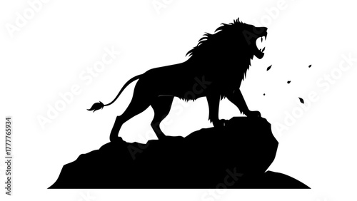 Powerful lion roaring on a rock, full of energy and dominance, strong silhouette for wildlife or strength-themed artwork