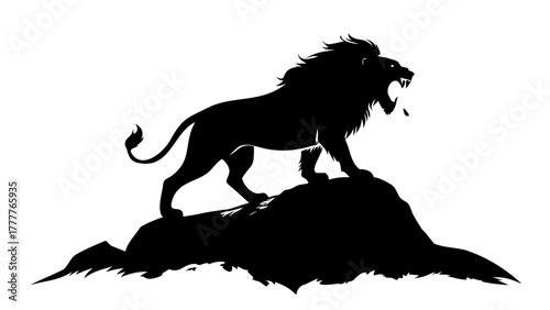 Powerful lion roaring on a rock, full of energy and dominance, strong silhouette for wildlife or strength-themed artwork