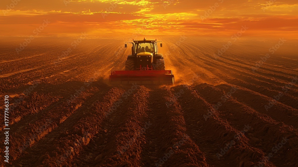 Fototapeta premium Farmer driving tractor on field during golden hour