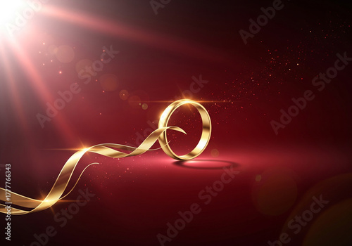 Golden Ring with Ribbon on Red Background for Celebration
