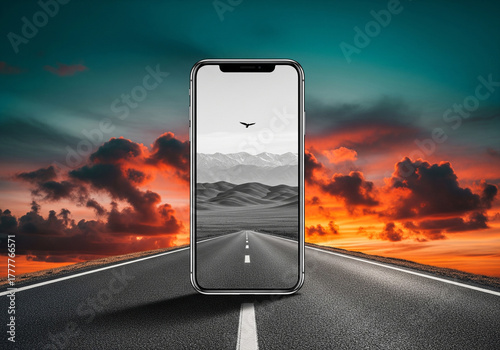 Smartphone Displaying Mountain Road Landscape at Sunset