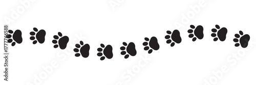 Paw vector foot trail print featuring cat, dog, and puppy silhouettes in diagonal tracks, ideal for t-shirts, backgrounds, patterns, websites, showcases, greeting cards, children's prints, and more.