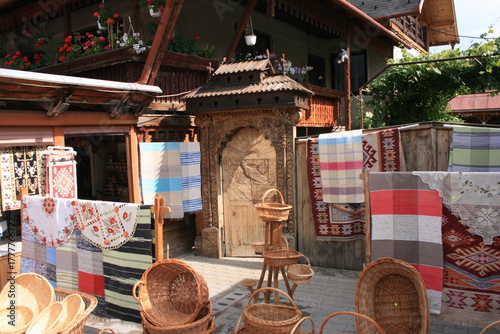 Traditional Wooden Gate and Textile Decorations in Transylvania, Romania