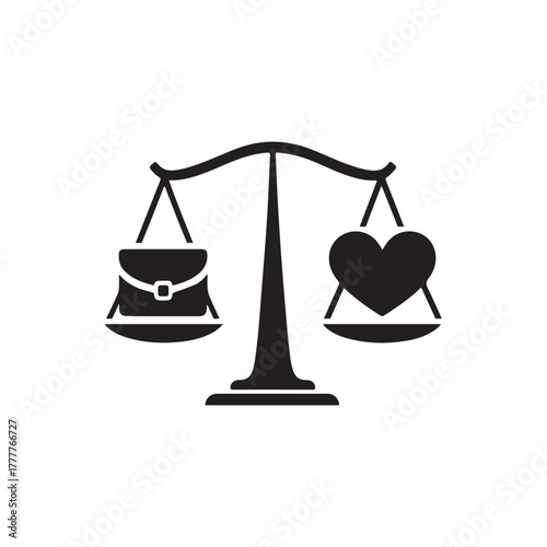 A minimalistic vector icon showing a balanced scale with a briefcase on one side and a heart on the other, symbolizing work-life balance.