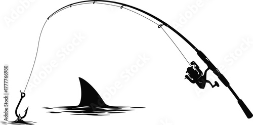 Fishing rod bent with shark fin emerging from water isolated on white background