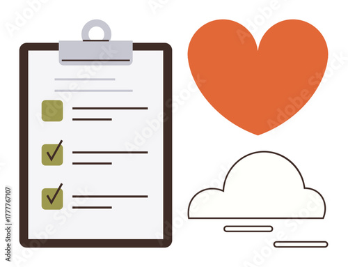 Clipboard with checklist, large orange heart, and cloud with lines. Ideal for productivity, love, health, balance, mindfulness goal setting teamwork. Simple flat metaphor