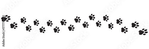 Paw vector foot trail print featuring cat, dog, and puppy silhouettes in diagonal tracks, ideal for t-shirts, backgrounds, patterns, websites, showcases, greeting cards, children's prints, and more.
