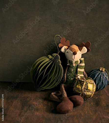 Christmas Time. Vintage toy and decorations for Christmas. Copy space