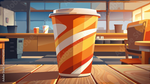 Very beautiful fast food paper cup with orange and white design on a restaurant table in Manila, Philippines, soft natural lighting and shallow depth of field.