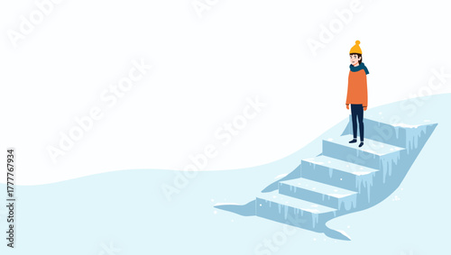Person on icy stairs wearing orange jacket and yellow hat on snow slope minimalist winter animation concept of solitude