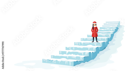 Person on icy stairs in red winter coat standing on frozen steps in snow field concept of determination and cold endurance