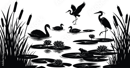 Black silhouette of water birds and reeds on a white background isolated on white background