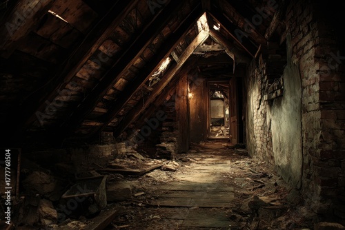 Eerie Abandoned Attic: A Dark Corridor of Decay and Ruins