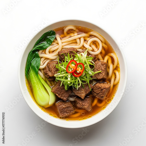 Bowl of Udon Noodles with Beef and Bok Choy beef stew
