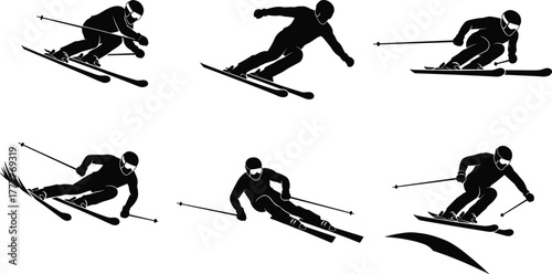 Skiing silhouette, winter sports illustration, skier jumping, downhill skiing vector, alpine athlete, ski slope action, extreme sport design, snow 